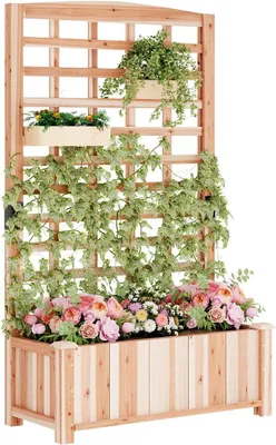 Imagen del producto de Caja de cultivo elevada de madera, 90x40x151 cm, maceta para plantas con celosía para jardín, balcón o terraza. Estructura de soporte para plantas trepadoras, flores y verduras