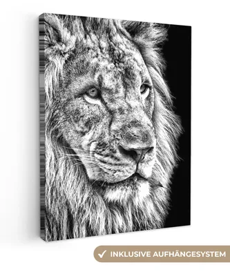 Produktbild von MuchoWow® - Leinwandbilder - Porträt - Löwe - Schwarz und weiß, Wandbild, Wanddeko Bilder Wohnzimmer, 30x40 cm