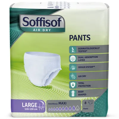 Obrázok produktu pre Soffisof Pants Maxi L – 8× inkontinenčné nohavičky – 9 kvapiek – veľkosť L (110–140 cm) – jednotlivo balené