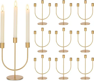 Imagen del producto de Soporte para velas decorativo de tres brazos, metálico, elegante, juego de 10 unidades, color dorado