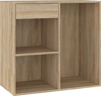 A wooden cabinet with shelves and a drawer.