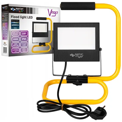 The image shows a floodlight LED product and its packaging.