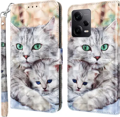Produktbild von CLM-Tech Hülle kompatibel mit Xiaomi Redmi Note 12 Pro / Poco X5 Pro 5G - Tasche aus Kunstleder - Klapphülle mit Ständer und Kartenfächern, Katze und Kätzchen
