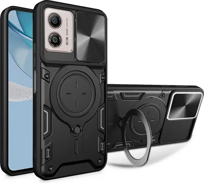 Produktbild von Handyhülle für Motorola Moto G53 Dual-Layer Stoßfest Rüstung Hülle mit Dia Kameraschutz und Kreisförmig Ring Ständer Schwarz