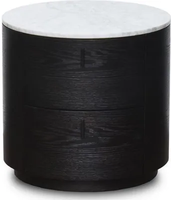 Produktbild von Casa Padrino Luxus Beistelltisch Schwarz / Weiß Ø 48 x H. 46 cm - Runder Holz Tisch mit Marmorplatte und 2 Schubladen