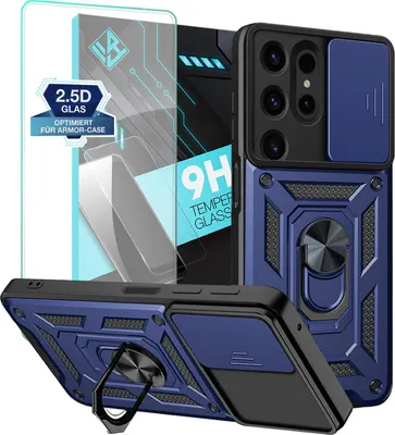 A product shot of a phone case and screen protector, with marketing text and graphics.