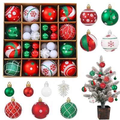 Weihnachtskugeln, 42 Stück, 6 cm, rot/grün/weiß, gemusterte Dekokugeln