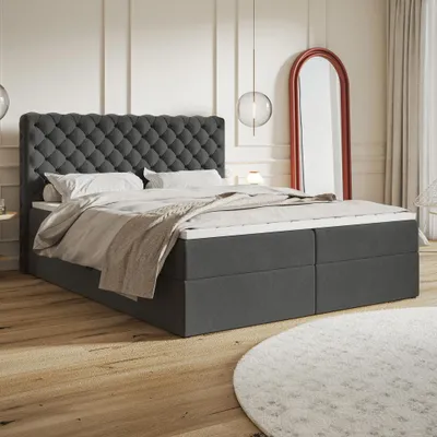 Produktbild von MOTIVENA Nero Chesterfield Boxspringbett 180x200 Grau Samt (Jasmine 96), Bonellfederkern-Matratze (H4), T28 Komfortschaumstoff Topper (H3)