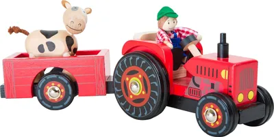 Productafbeelding van Tractor met aanhanger boerderij van hout - Buigpoppen - Boer en koe - Vanaf 3 jaar