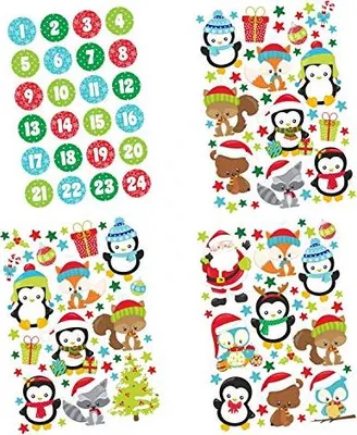 Produktbild von 24 Adventskalender Zahlen Aufkleber und Tier Stickerbögen - Weihnachten zum basteln dekorieren DIY