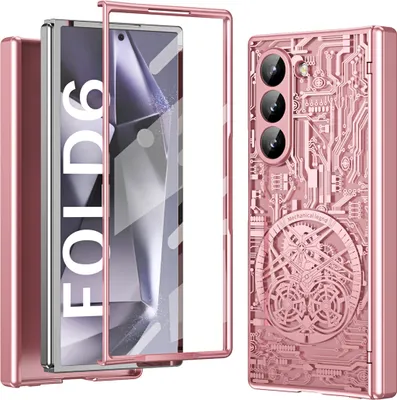 A pink phone case with a mechanical design is shown next to a disassembled phone.