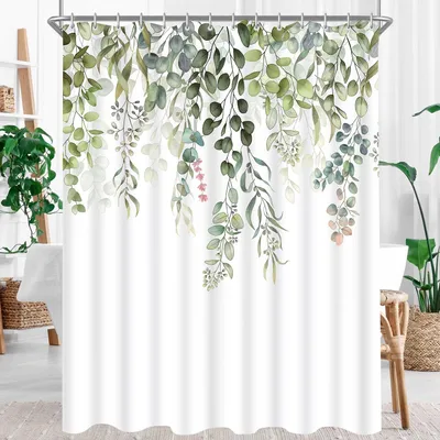 Produktbild von Duschvorhang 200 x 200 cm, grüne Blätter, schimmelresistentes, wasserabweisendes und waschbares Polyestergewebe mit Ösen und 12 Duschvorhangringen für Bad und Badewanne
