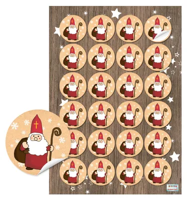Weihnachtssticker Nikolaus, 24 runde Aufkleber Ø 4 cm, selbstklebend