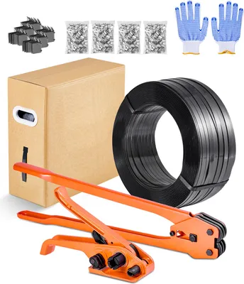 Immagine prodotto di SucceBuy Set di reggette da 6 pezzi con reggetta in PET, strumento manuale per reggiare, 610 metri di reggetta, 600 punti metallici e 200 paraspigoli - ideale per lavori di imballaggio, trasporto e stoccaggio
