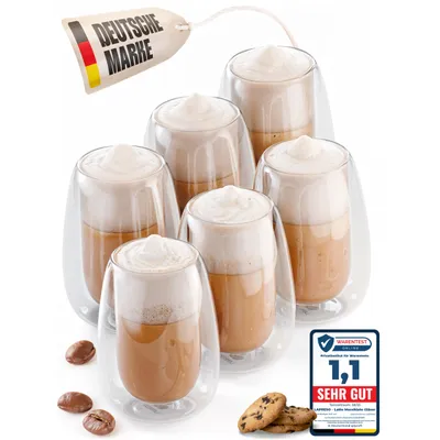 Produktbild von LAPRESO® Cappuccino Gläser Doppelwandig | Thermogläser Kaffeegläser Teegläser | Gläser Set 250 ml 6 Stück | Thermogläser Doppelwandig Kaffeetasse