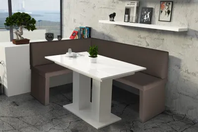 Produktbild von Eckbankgruppe 168x128 cm ROBIN R Braun / Esstisch DANTE Weiss HGL