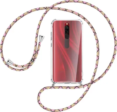 Produktbild von Handykette Backcover-Schutzhülle mit Band (Metall silberfarben) für Xiaomi Redmi 8 - rosa Karo