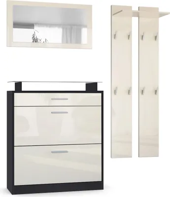 Produktbild von Vladon Garderobe Loret mini, Garderobenset bestehend aus 1 Schuhschrank, 1 Wandspiegel und 2 Garderobenpaneele, Schwarz matt/Creme Hochglanz