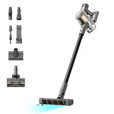 A cordless stick vacuum cleaner with various attachments displayed on the left side, against a white background.
