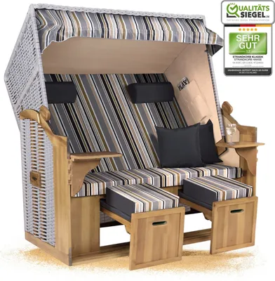 Produktbild von Strandkorb Ostsee 2,5-Sitzer 150cm breit in Beige Oliv Grau Weiß Gestreift Montiert ideal für Balkon, Terrasse oder Garten