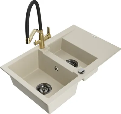Produktbild von Mexen Gaspar 1,5-Becken-Granitspüle mit Abtropffläche und Mischbatterie Duo, Beige - 6507-69-671701-57-B