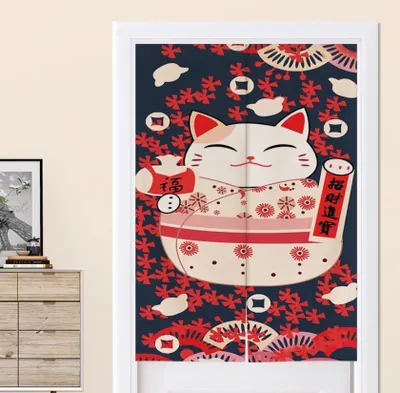 Zdjęcie produktu dla Fine Asianliving Japońskie zasłony drzwiowe Noren Lucky Cat Red W80xH130cm