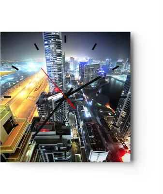 Produktbild von Wanduhr - Quadrat - Glasuhr - Architektur Industrie Nacht Licht - 40x40cm - Schleichendes Uhrwerk - Lautlos - zum Aufhängen bereit - Dekoration Modern - Wanddekoration aus Glas - C3AC40x40-2642