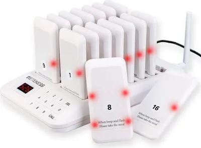 Produktbild von Retekess TD157 Bezdrátový vyvolávací systém, systém pro volání zákazníků se 2 režimy volání + dálkové volání, 16 pagerů 998 kanálů pro bar v nemocnici a restauraci（bílá）