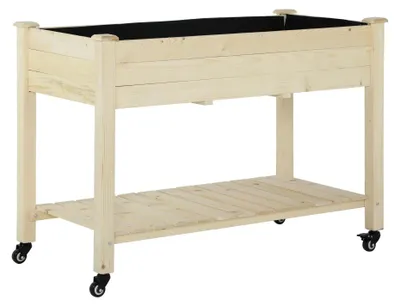 Image de Jardinière surélevée en bois - Bac à fleurs sur pieds - Dimensions : 118 × 55 × 83 cm - Avec tablette - Insert en géotextile - Montage requis