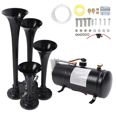 Immagine prodotto di Set di trombe d'aria, 12 V, 135 dB, estremamente rumorose, 4 trombe d'aria a tromba con compressore da 3 litri a 150 PSI per camion, auto, furgoni e barche