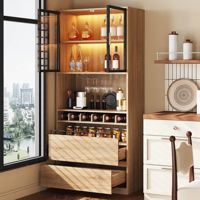 Produktbild von okwish  Badezimmerschrank mit Hohe 180cm Highboard mit Glastüren und Beleuchtung,Spirituosenschrank und Vitrine mit Aufbewahrung,Natur