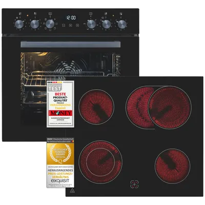 A black built-in oven and a black induction hob are shown together against a white background. The oven door is open, revealing the interior. There are several award badges and stickers on the oven door and the hob.