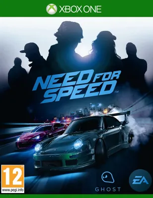 The cover art for the video game Need for Speed on Xbox One, featuring stylized silhouettes of people and two sports cars in motion.