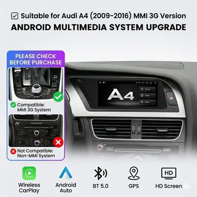Obrázek produktu pro 8,8" autorádio s CarPlay a Androidem pro Audi A4 MMI 3G (2009–2016) – GPS navigace, Wi-Fi, 4G-LTE, Bluetooth, DAB+, SWC, RDS, USB, DSP, AUX, 4 GB + 64 GB