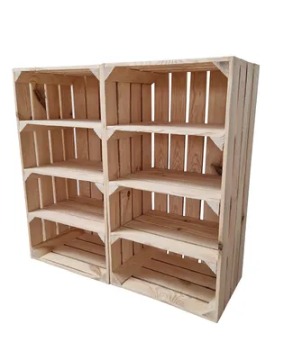 Two wooden crate shelves are shown side-by-side against a white background.