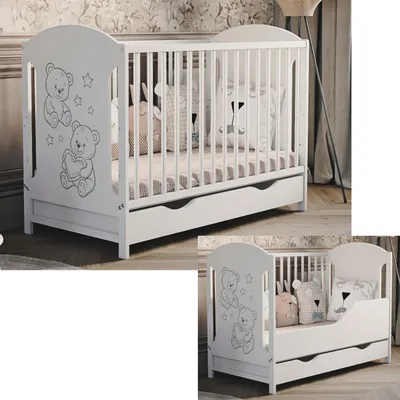 Two views of a white baby crib with teddy bear illustrations and a drawer.