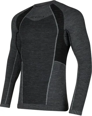 Langarmshirt aus Funktionsmaterial in Schwarz mit grauen Einsätzen; Modell "Wool70 Tech Longsleeve M" von La Sportiva.