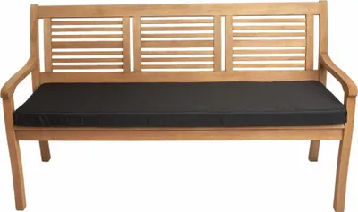 A wooden bench with a black cushion on a white background.