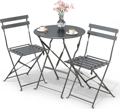 Produktbild von VOUNOT® Metall Bistroset 3-teilig, klappbarer Bistrotisch mit 2 Stühlen, Grau