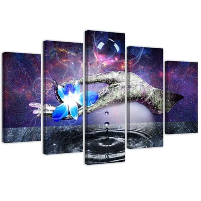 Produktbild von 5-teiliges leinwandbild handblume 150x100 cm Feeby lila wandbild bereit zum aufhängen