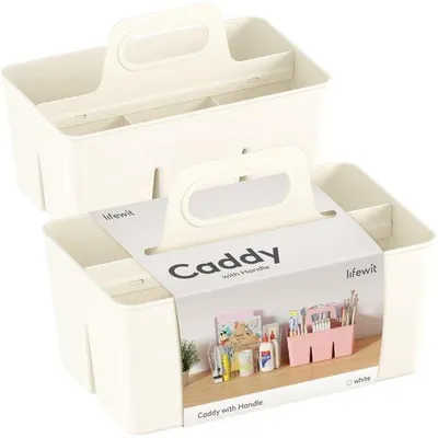 Immagine prodotto di Organizer da bagno in plastica con maniglia, cassetto portaoggetti per articoli per bambini/cosmetici, 2 pezzi, bianco
