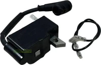 A black ignition coil with attached wires and a spark plug boot, isolated on a white background.