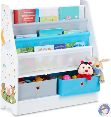 Produktbild von Relaxdays Kinderregal Tiermotiv, 2 Boxen, 3 Fächer, Spielzeug Aufbewahrung, Kinder Bücherregal HBT 74 x 71 x 23 cm, bunt