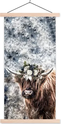 Produktbild von MuchoWow® Textilposter Schottisches Hochlandrind - Rauch - Blumen 60x120 cm mit holzfarbenen Rahmen - Holz