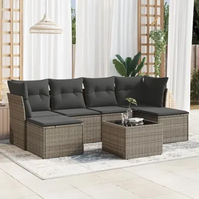 Produktbild von CLORIS 7-tlg. Garten-Sofagarnitur mit Kissen Grau Poly Rattan - Gartenmöbelgarnituren 425