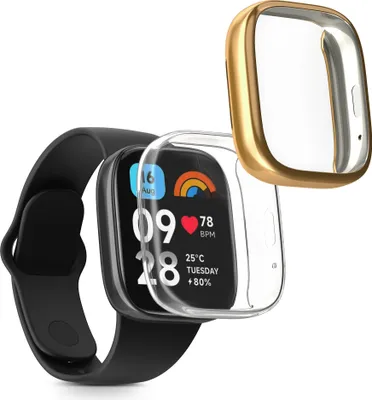 Produktbild von kwmobile 2x Schutzhülle kompatibel mit Xiaomi Redmi Watch 3 Active Hülle - Fullbody Cover Set aus Silikon - Transparent Gold