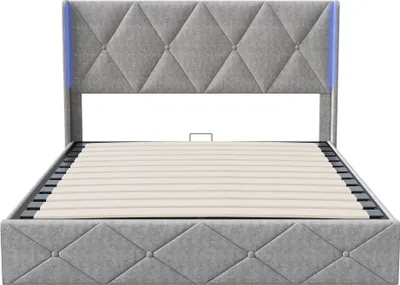 Obrázok produktu pre CDGlobal čalúnená posteľ 140x200cm s LED, hydraulická skriňová posteľ s lamelovým roštom, úložným priestorom a kovovým rámom, manželská posteľ pre mladých zamatová, sivá