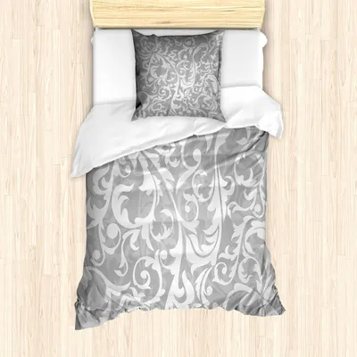 Produktbild von ABAKUHAUS Grau Bettbezug Set, Antik Blatt Blumen Klassischer Abstrakter Vintage Muster, 135 x 200 cm + 80 x 80 cm, Grau