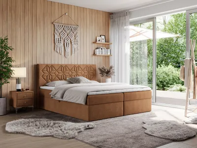 Produktbild von MKS MEBLE Boxspringbett 120x200 mit Matratze H3 und Bettkasten, Doppelbett Bett mit Stauraum und Topper, Polsterbett 120x200 mit Kopfteil - Leila - Orange Struktur - H3