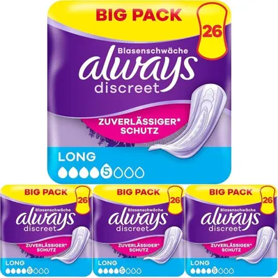 Obrázok produktu pre Always Discreet (balenie s 4 kusmi) – vložky na inkontinenciu pre ženy, dlhá veľkosť, 26 kusov. Zabezpečujú komplexnú ochranu a vynikajúcu diskrétnosť